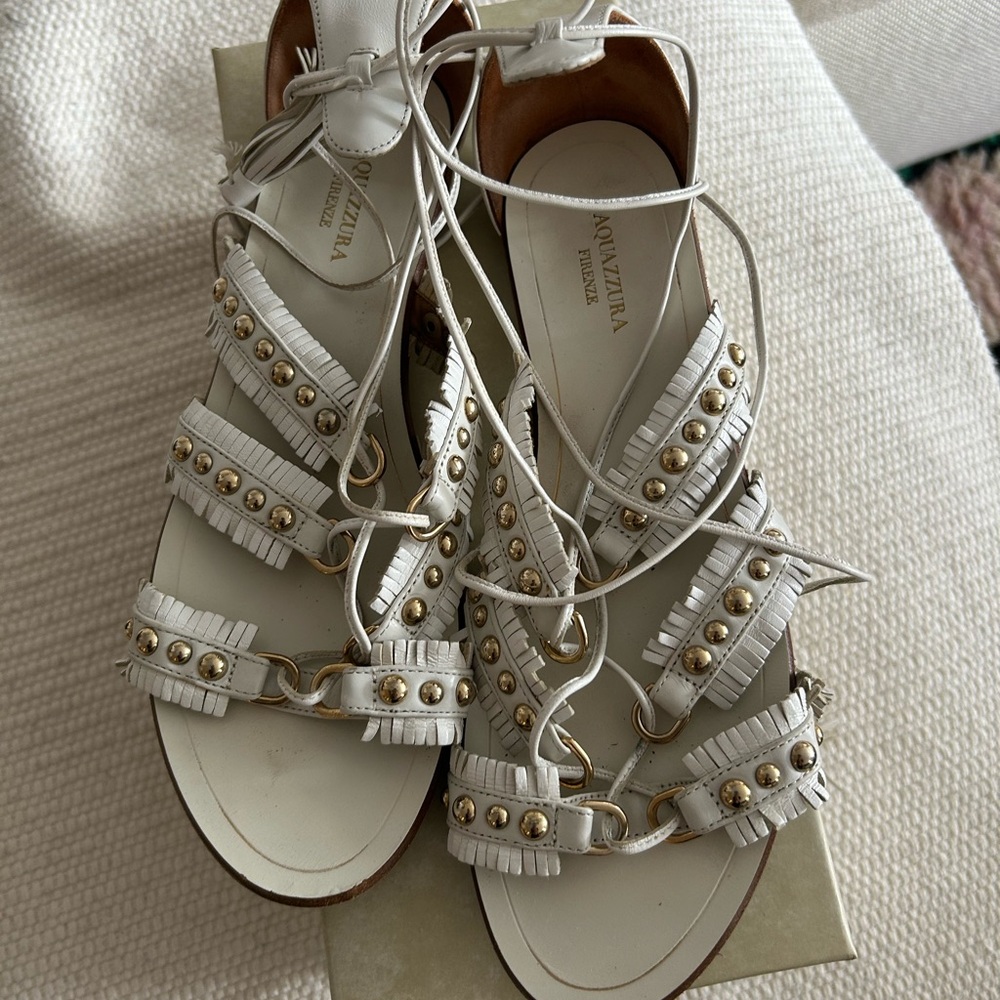Aquazzura White Leather Fringe Lace-Up Sandals with Gold Studs
